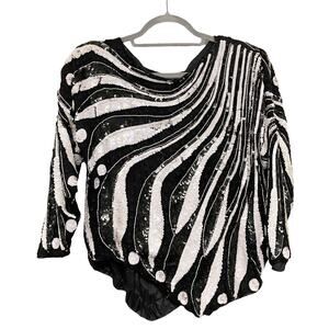 Vintage Imperial Handi Crafts Womens Silk Beaded Sequin Black White Blouse Top